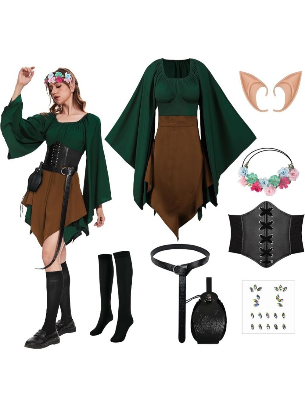 Women's Green and Brown 8PCS Elf Renaissance Traditional Irish Halloween Dress